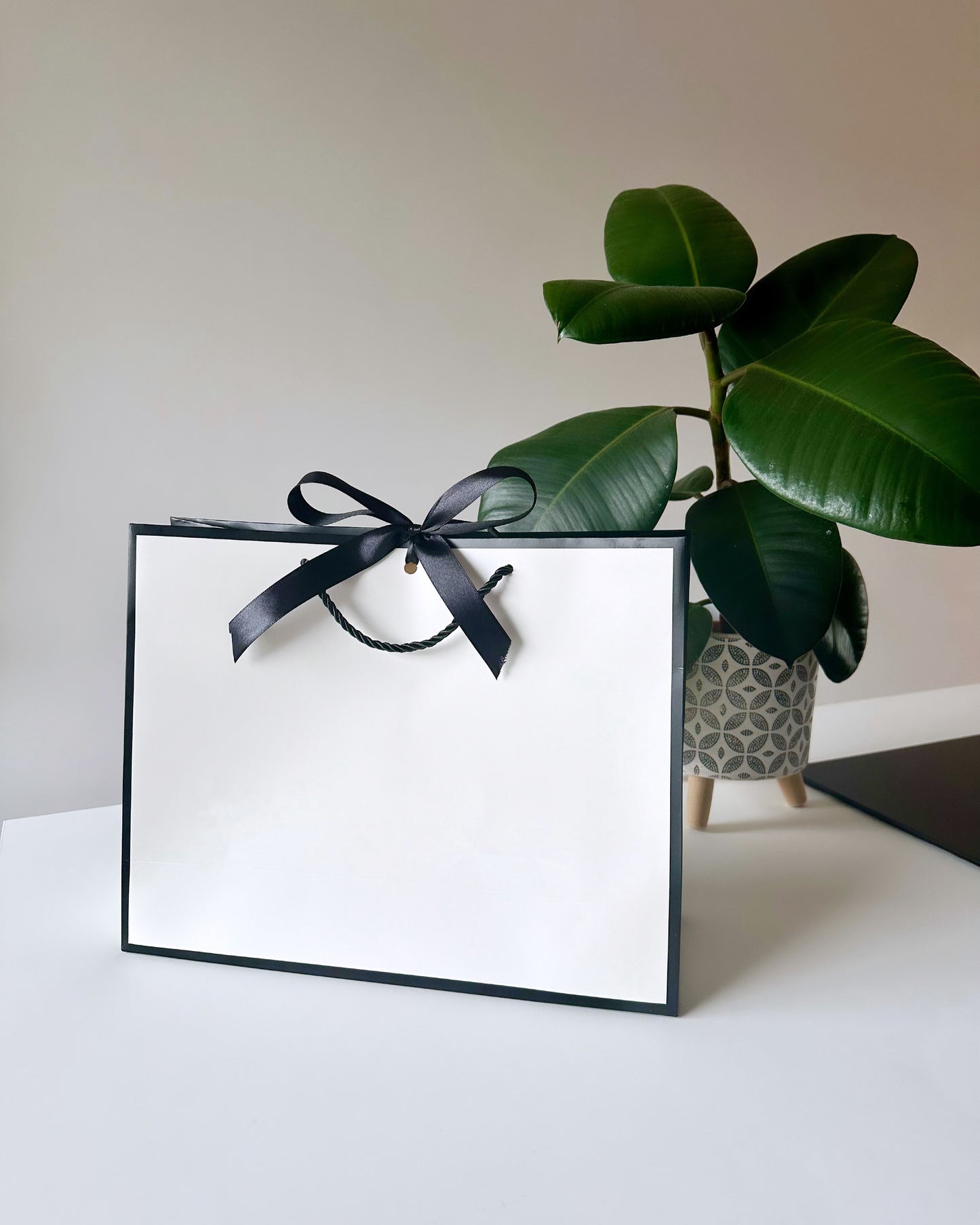 Personalised NAME - Ribbon Tie Gift Bags - White with Black Trim & Ribbon