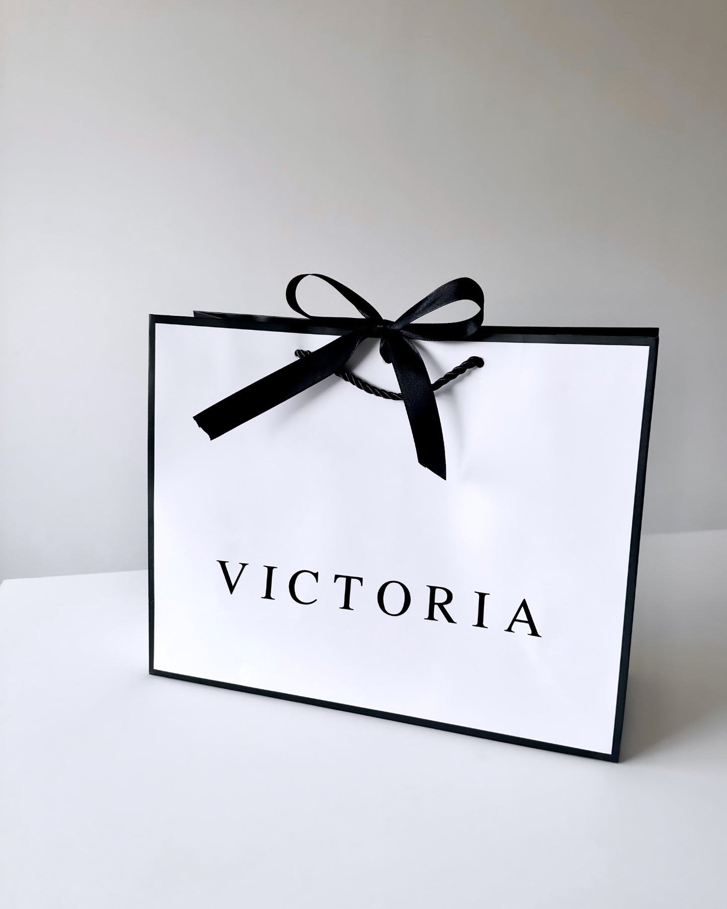 Personalised NAME - Ribbon Tie Gift Bags - White with Black Trim & Ribbon