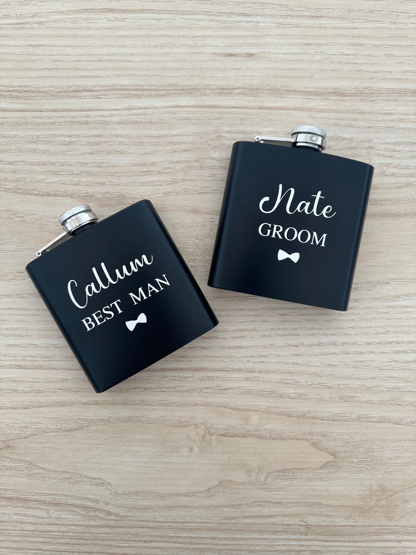 Personalised - Any Name or Text - Name, Title, Bow - 6oz Black Stainless Steel Hip Flask