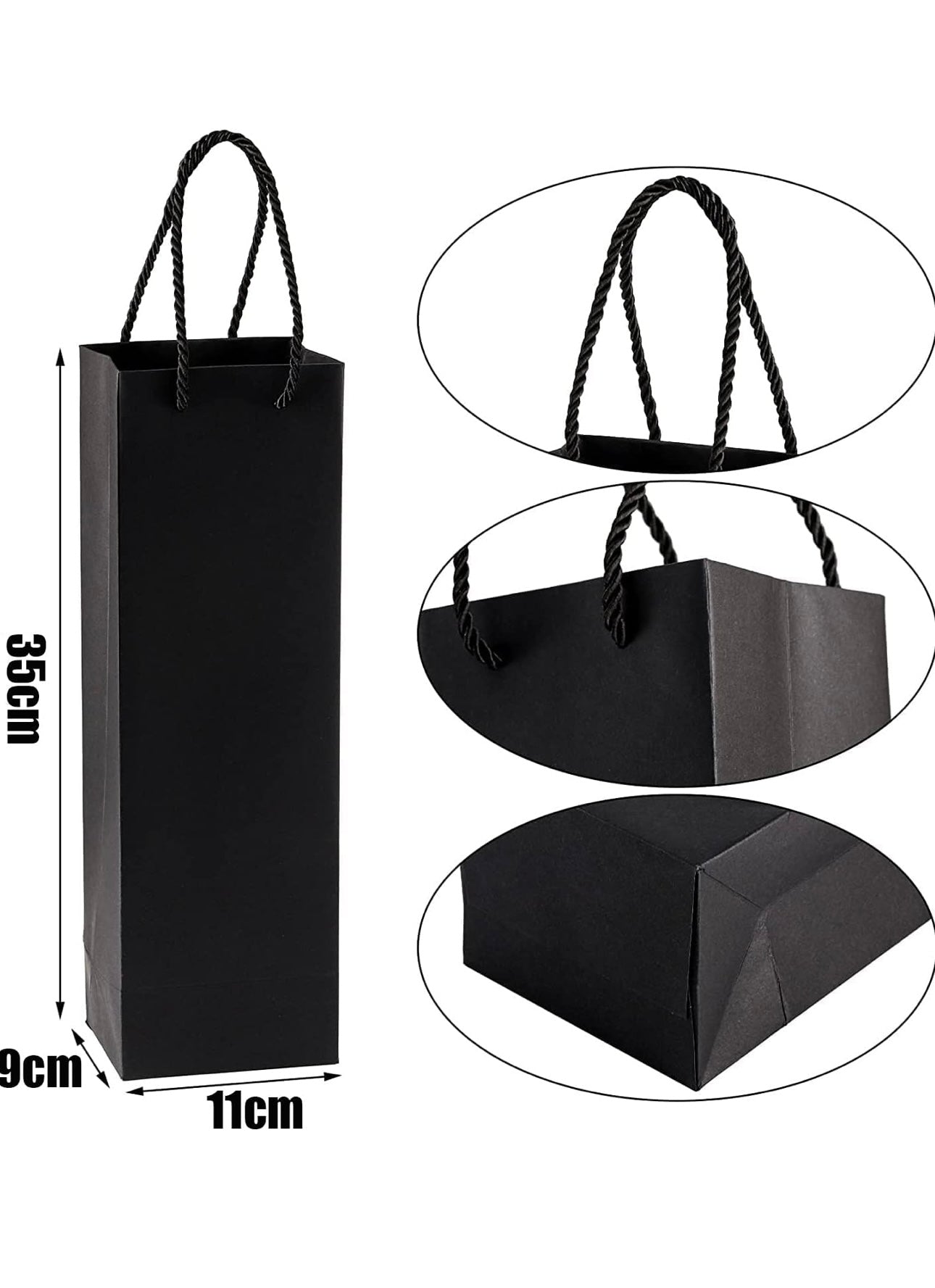 YOUR LOGO - Personalised - BLACK Kraft Wine Bottle Gift Bag Rope Handles - Business Logo, Custom, Shop, Event, Company