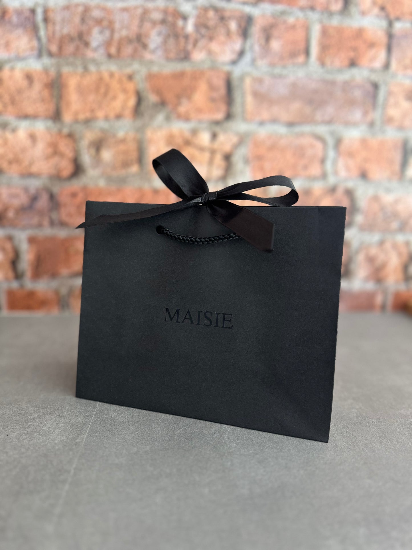 BLACK - Personalised - Centre CAPITALS - Ribbon Tie Natural Rope Gift Bag