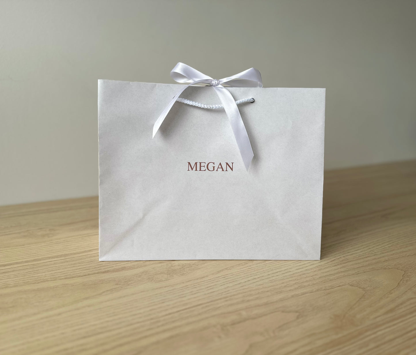 WHITE - Personalised - Centre CAPITALS - Ribbon Tie Natural Rope Gift Bag