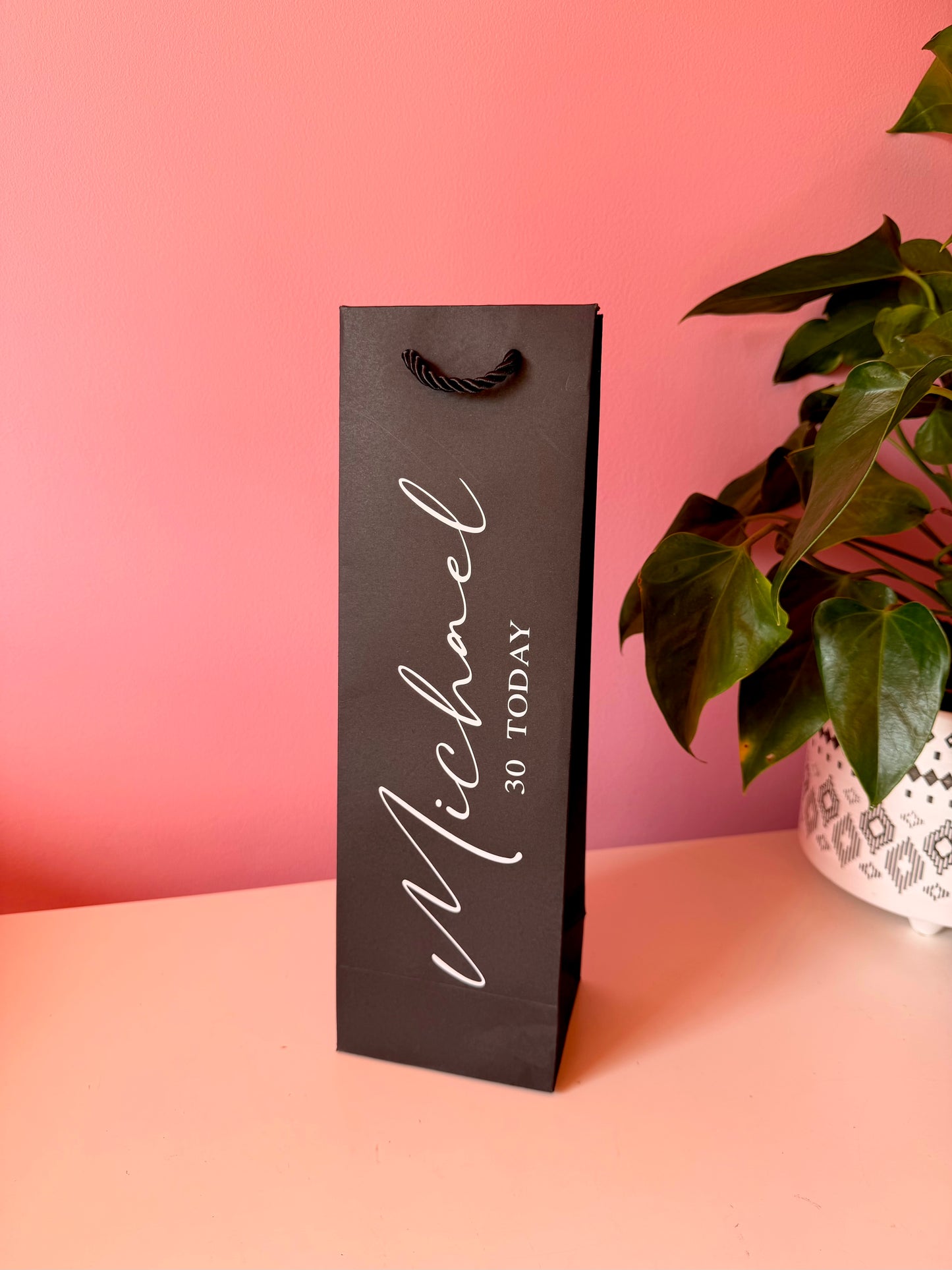 BLACK - Personalised Birthday - Wine Bottle Gift Bag Rope Handles