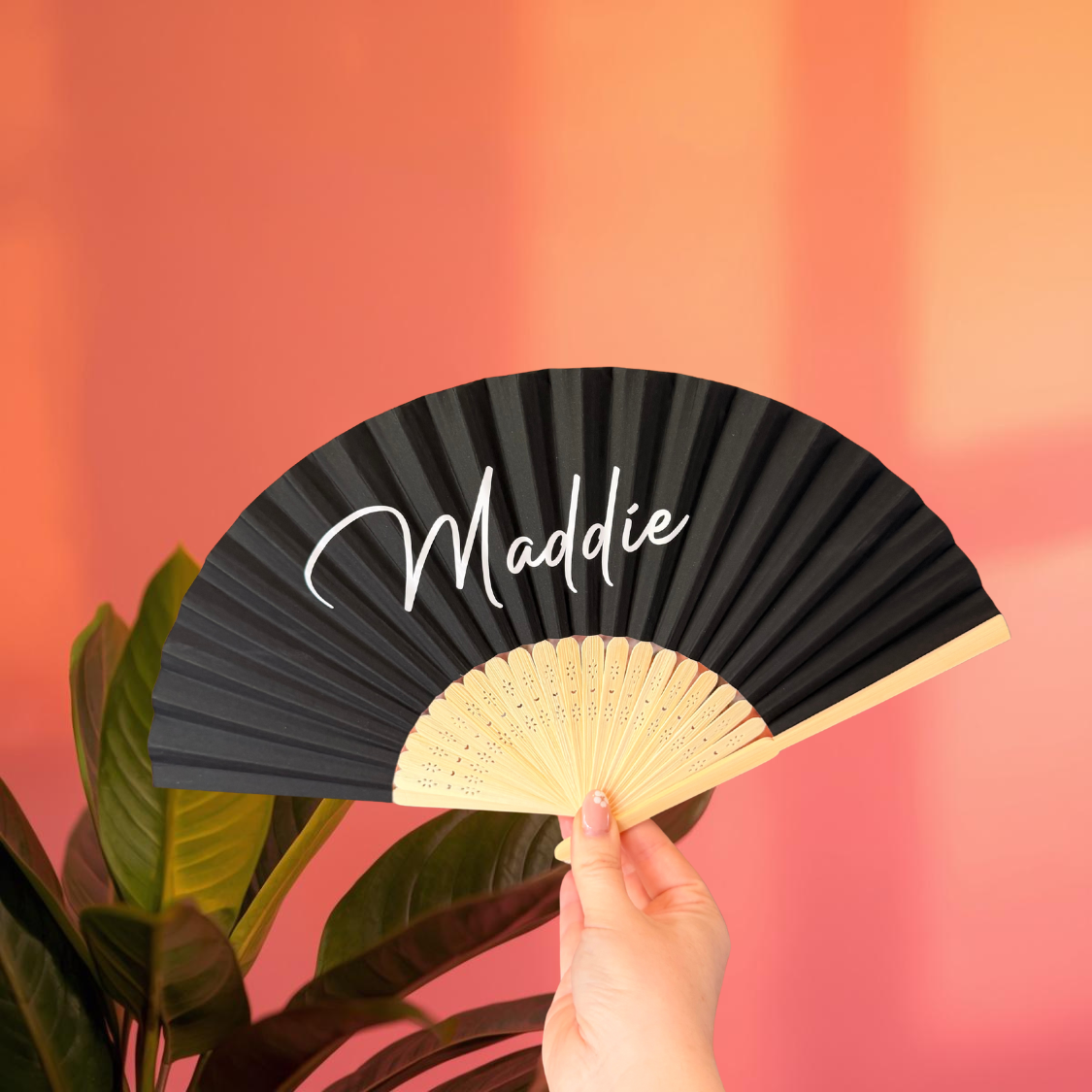 NAME Hand Fan - Bamboo - Paper Foldable Fan - Black, White, Pink, Orange, Lilac, Red, Green, Yellow, Sky Blue, Light Blue - Personalised