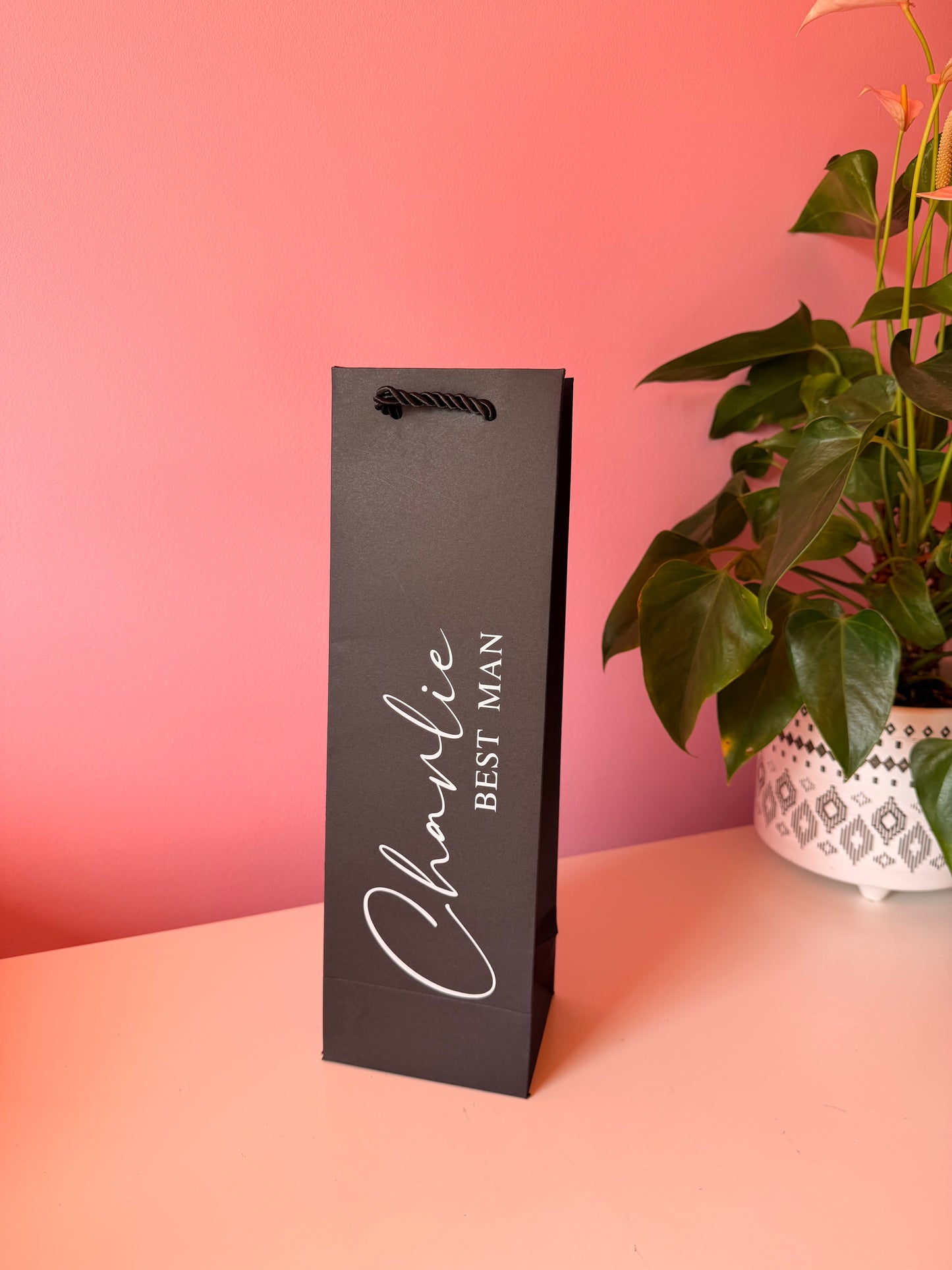 BLACK - Personalised Wedding - Wine Bottle Gift Bag Rope Handles