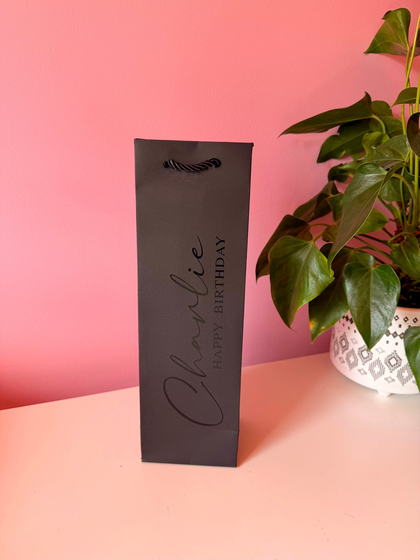 BLACK - Personalised Birthday - Wine Bottle Gift Bag Rope Handles