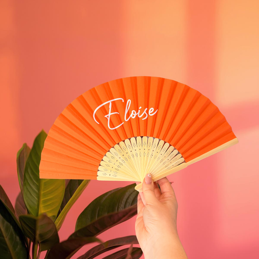 NAME Hand Fan - Bamboo - Paper Foldable Fan - Black, White, Pink, Orange, Lilac, Red, Green, Yellow, Sky Blue, Light Blue - Personalised