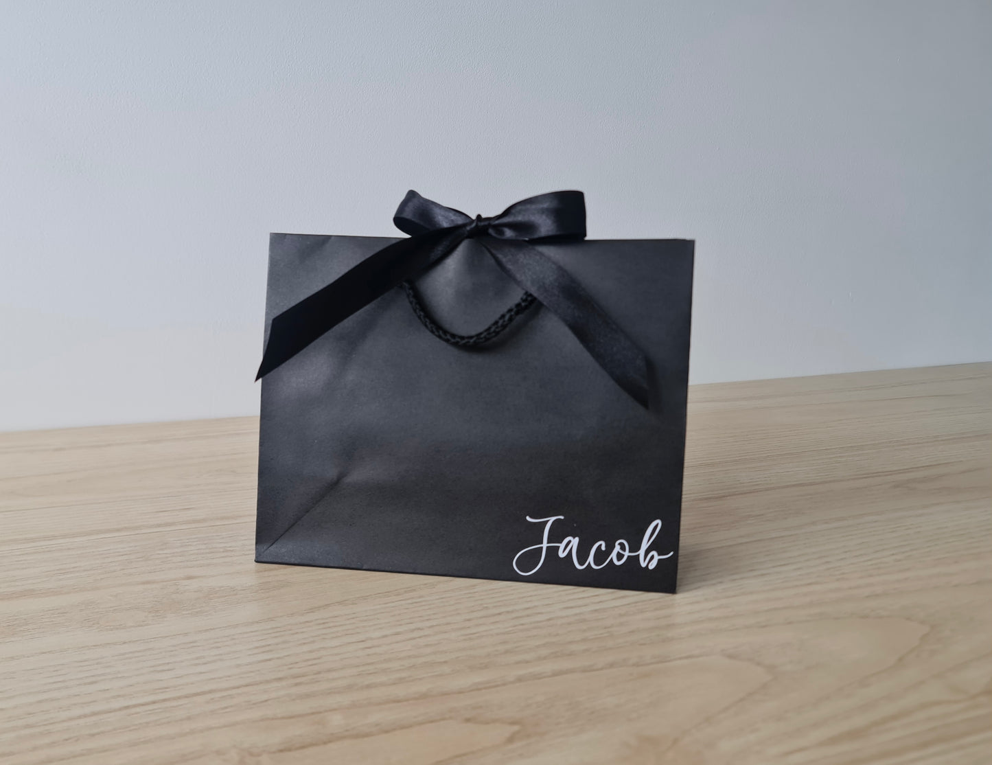 BLACK - Personalised - Corner - Ribbon Tie Natural Rope Gift Bag