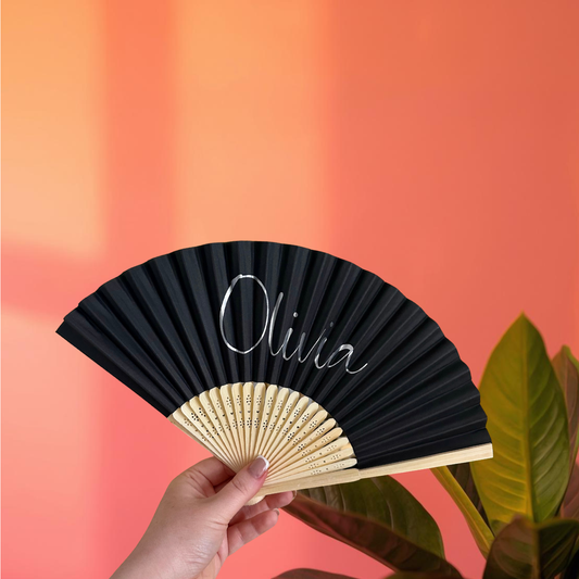 NAME Hand Fan - Bamboo - Paper Foldable Fan - Black, White, Pink, Orange, Lilac, Red, Green, Yellow, Sky Blue, Light Blue - Personalised