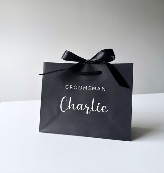 BLACK - Personalised - Name & Title Curly - Ribbon Tie Natural Rope Gift Bag