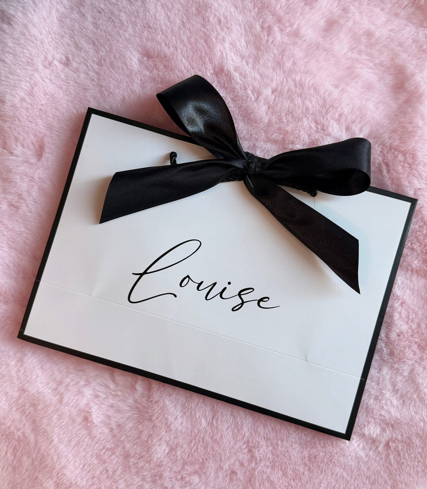 Personalised NAME - Ribbon Tie Gift Bags - White with Black Trim & Ribbon