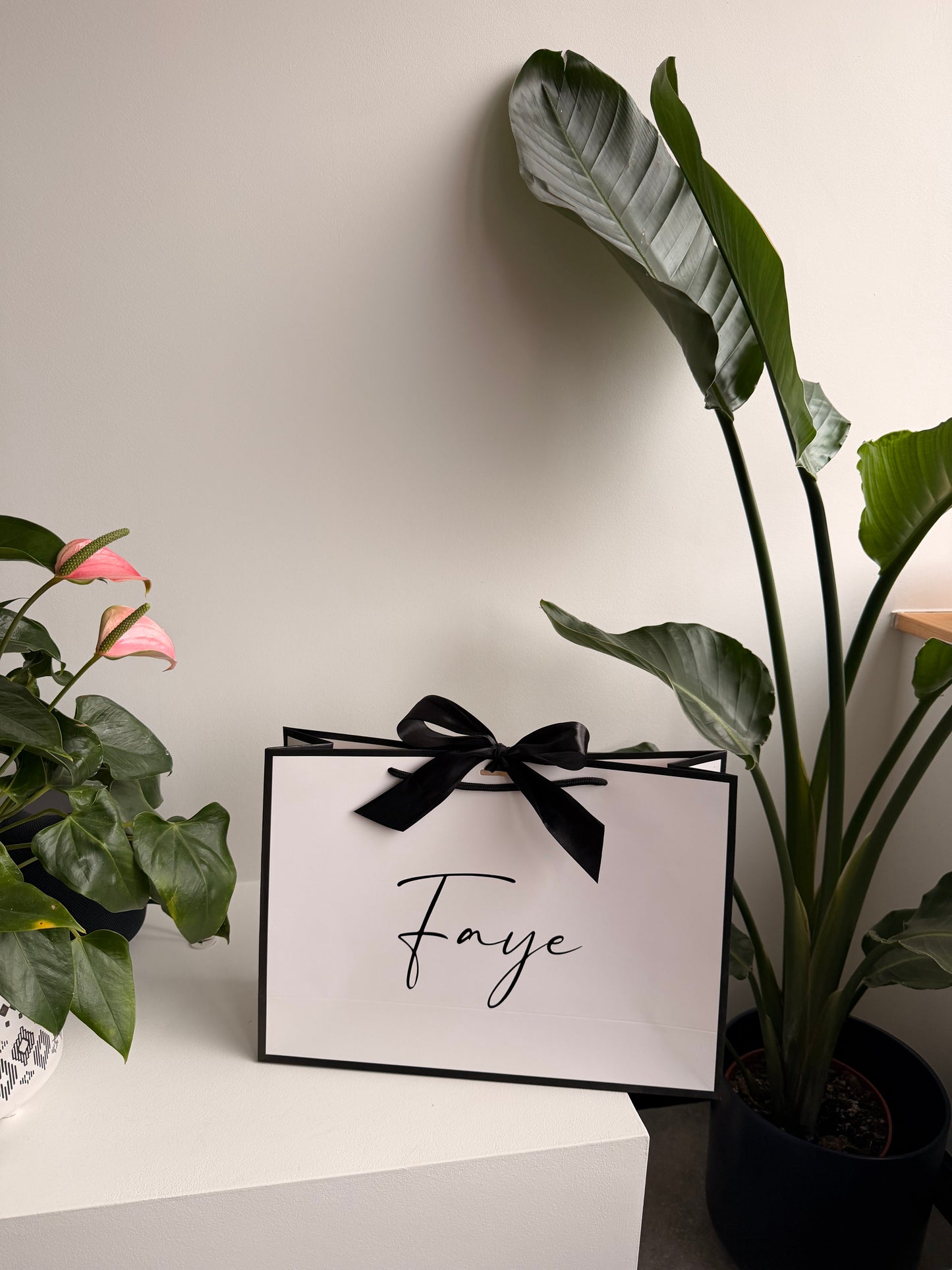 Personalised NAME - Ribbon Tie Gift Bags - White with Black Trim & Ribbon