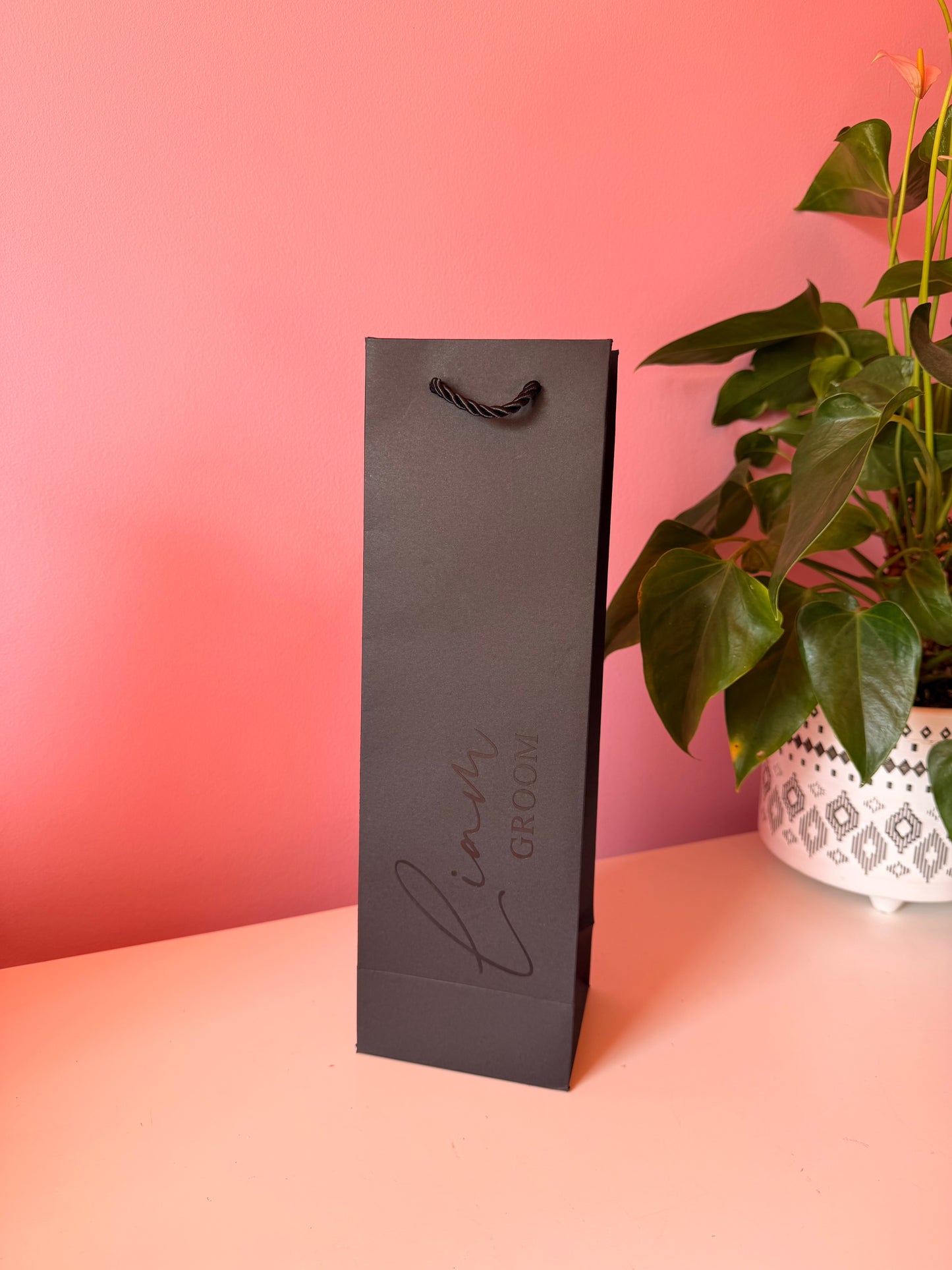 BLACK - Personalised Wedding - Wine Bottle Gift Bag Rope Handles