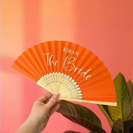 TITLE &amp; NAME or Any Text Hand Fan - Bamboo - Paper Foldable Fan - Black, White, Pink, Orange, Lilac, Red, Yellow, Green, Sky Blue, Light Blue - Personalised