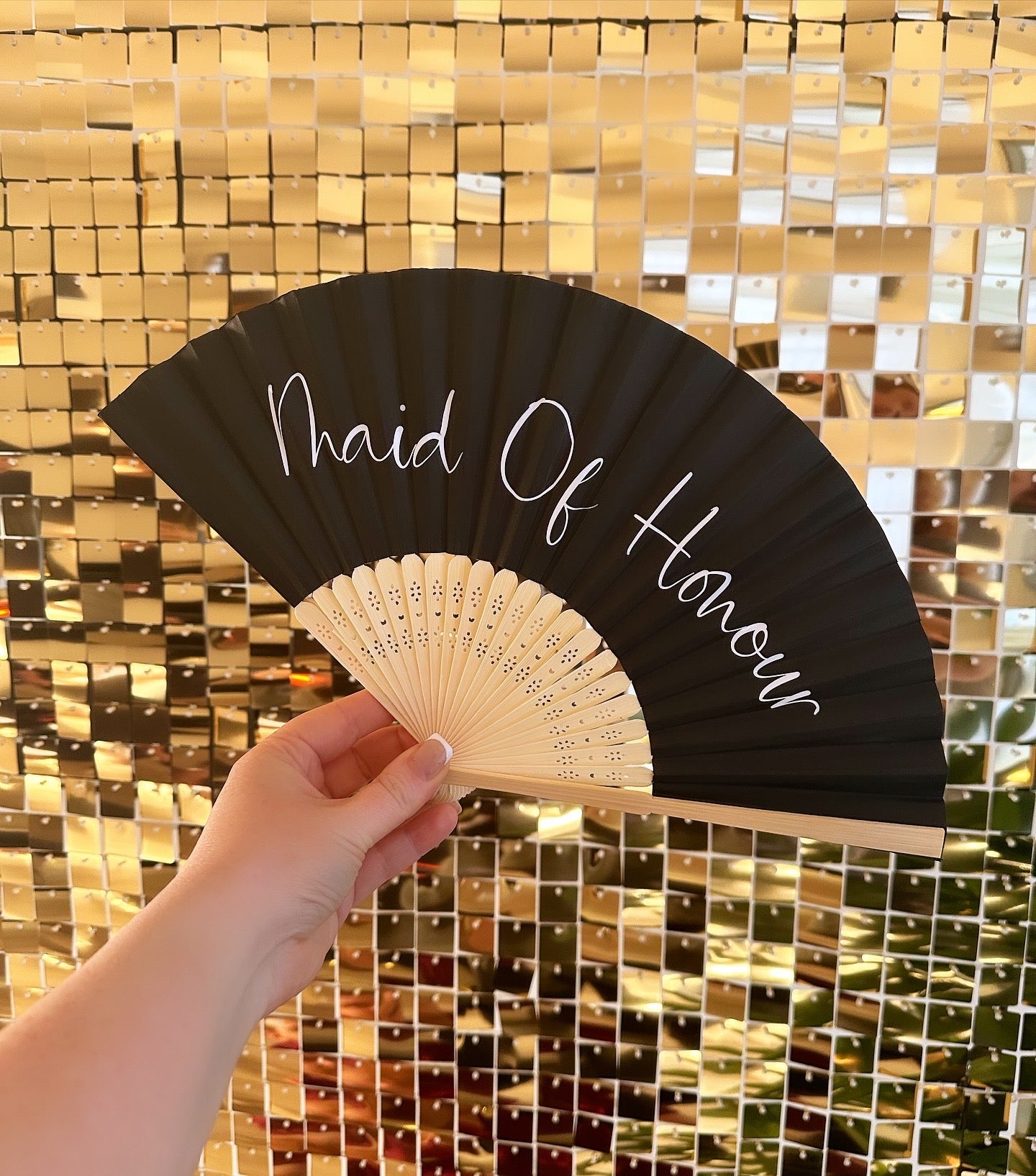 TITLE Hand Fan - Bamboo - Paper Foldable Fan - Black, White, Pink - Personalised
