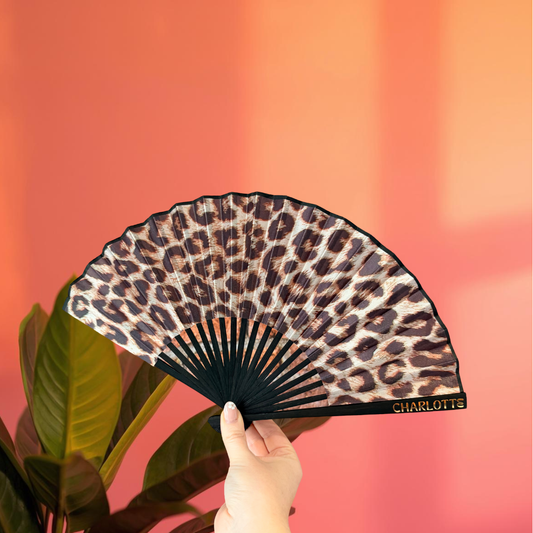 NAME Hand Fan - Fabric Foldable - Leopard Animal Print - Personalised with Vinyl
