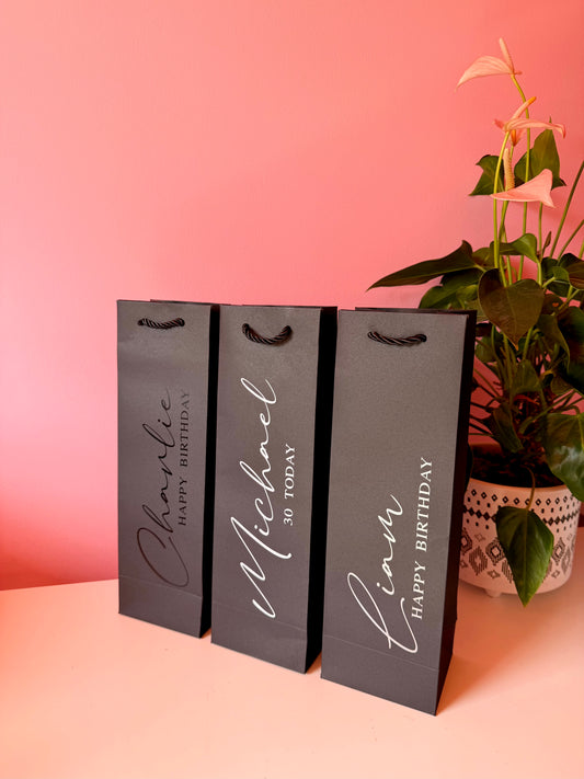 BLACK - Personalised Birthday - Wine Bottle Gift Bag Rope Handles
