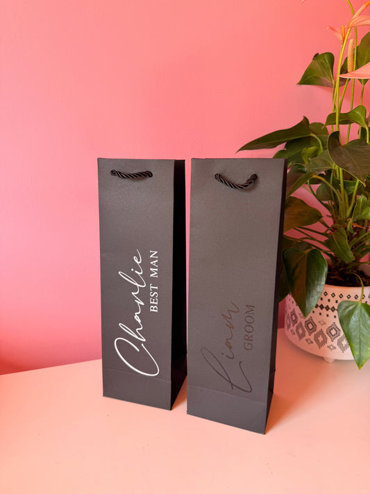 BLACK - Personalised Wedding - Wine Bottle Gift Bag Rope Handles