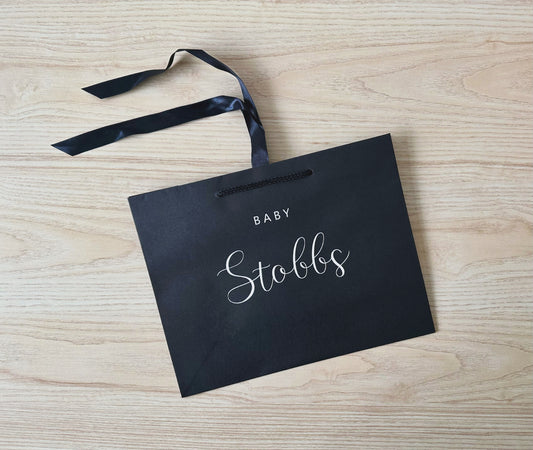 BLACK - Personalised - BABY Surname - Ribbon Tie Natural Rope Gift Bag