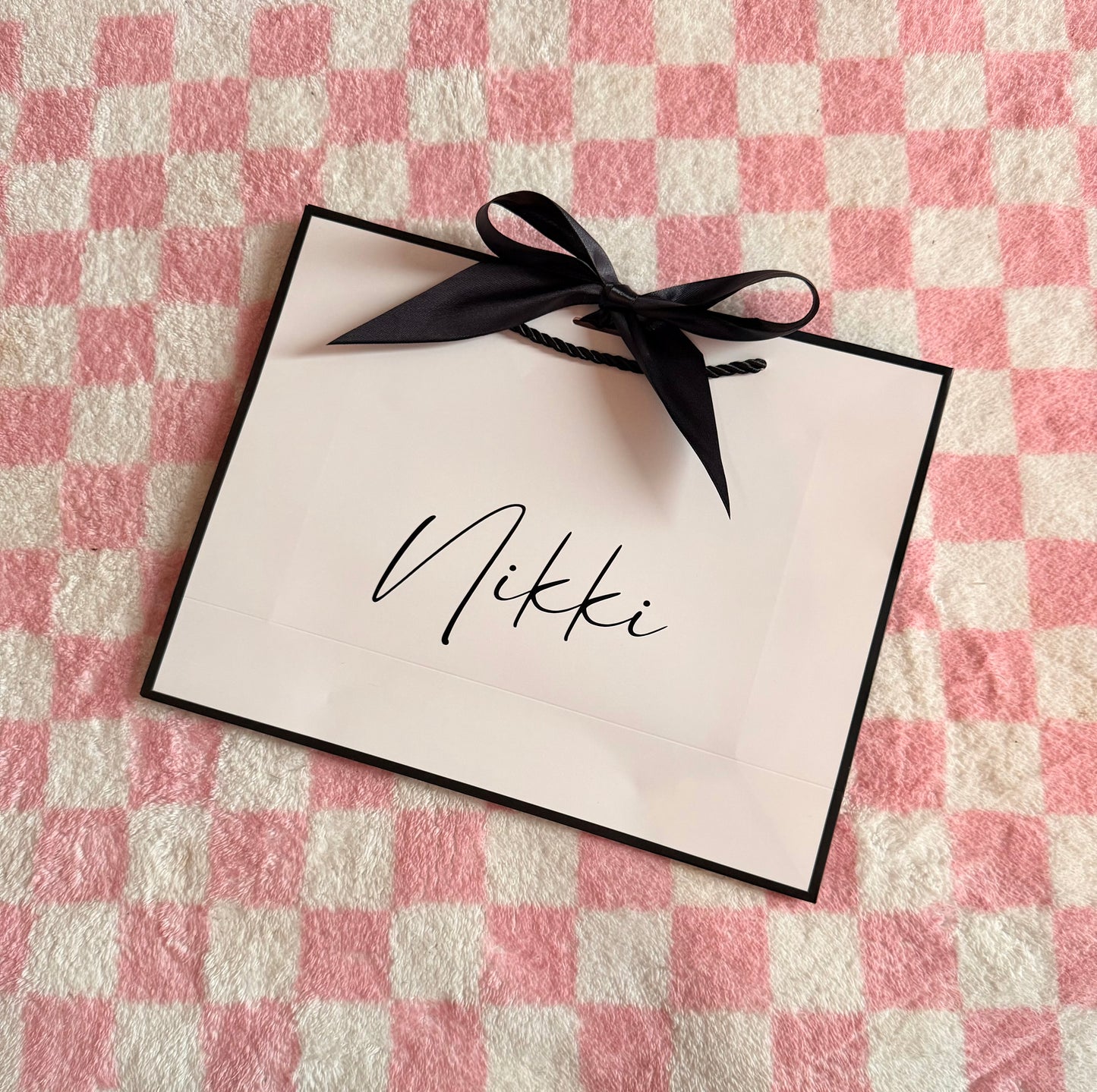 Personalised NAME - Ribbon Tie Gift Bags - White with Black Trim & Ribbon