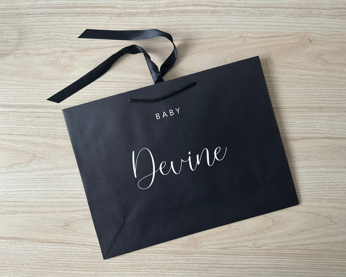 BLACK - Personalised - BABY Surname - Ribbon Tie Natural Rope Gift Bag