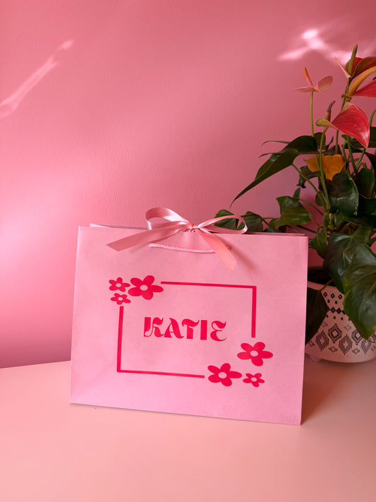 Personalised - Flower - Ribbon Tie Natural Rope Gift Bag