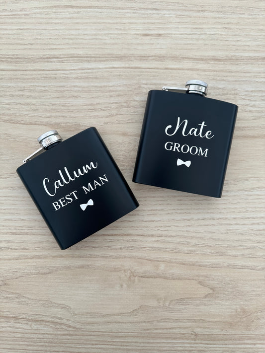 Personalised - Any Name or Text -  Name, Title, Bow - 6oz Black Stainless Steel Hip Flask