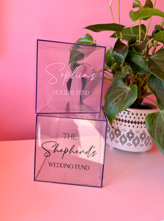 Personalised Clear Money Box Piggy Bank - Wedding/Holiday Funds, Savings Jar
