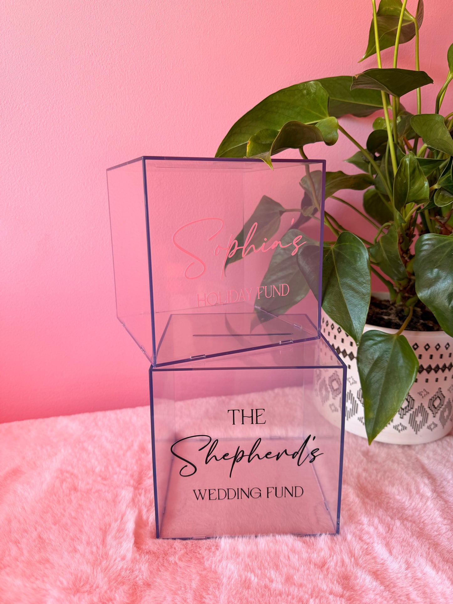 Personalised Clear Money Box Piggy Bank - Wedding/Holiday Funds, Savings Jar