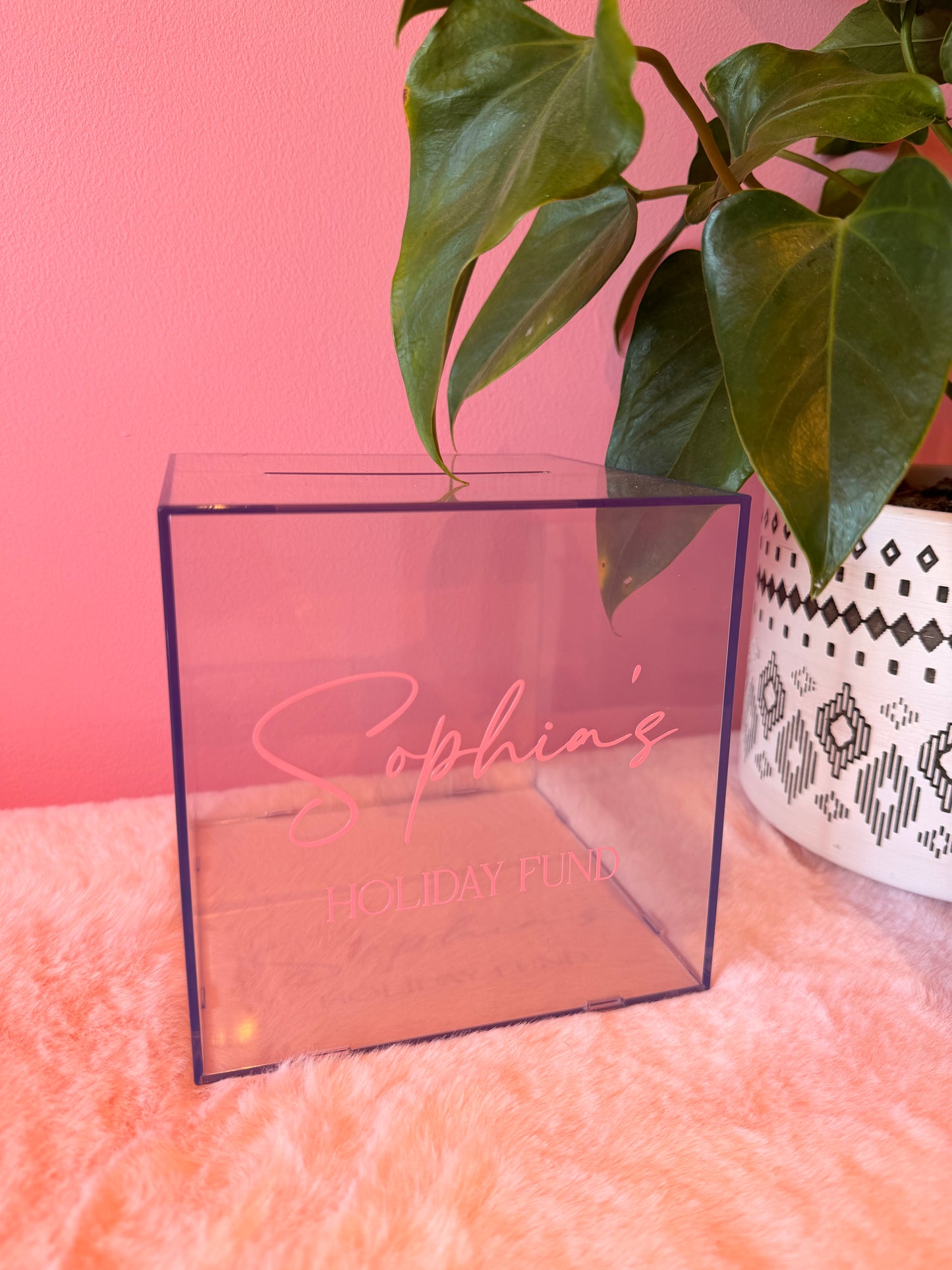 Personalised Clear Money Box Piggy Bank - Wedding/Holiday Funds, Savings Jar