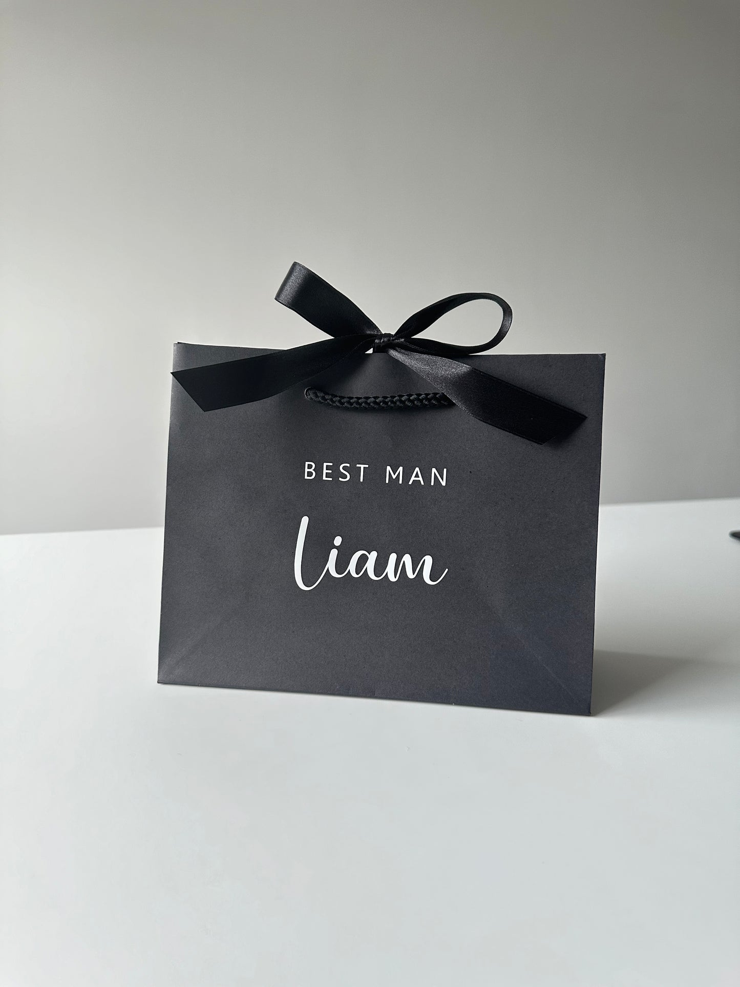 BLACK - Personalised - Name & Title Curly - Ribbon Tie Natural Rope Gift Bag