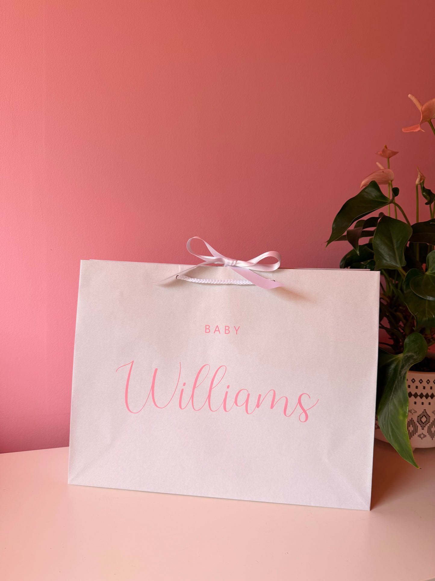 Personalised - BABY Surname - Ribbon Tie Natural Rope Gift Bag