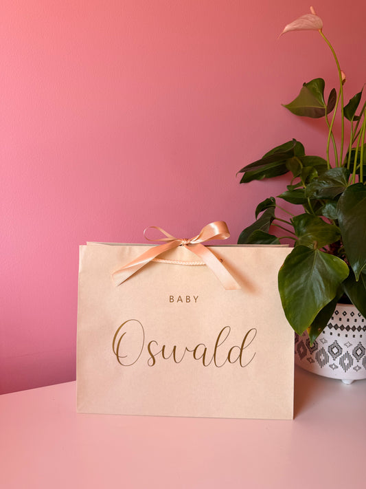 Personalised - BABY Surname - Ribbon Tie Natural Rope Gift Bag