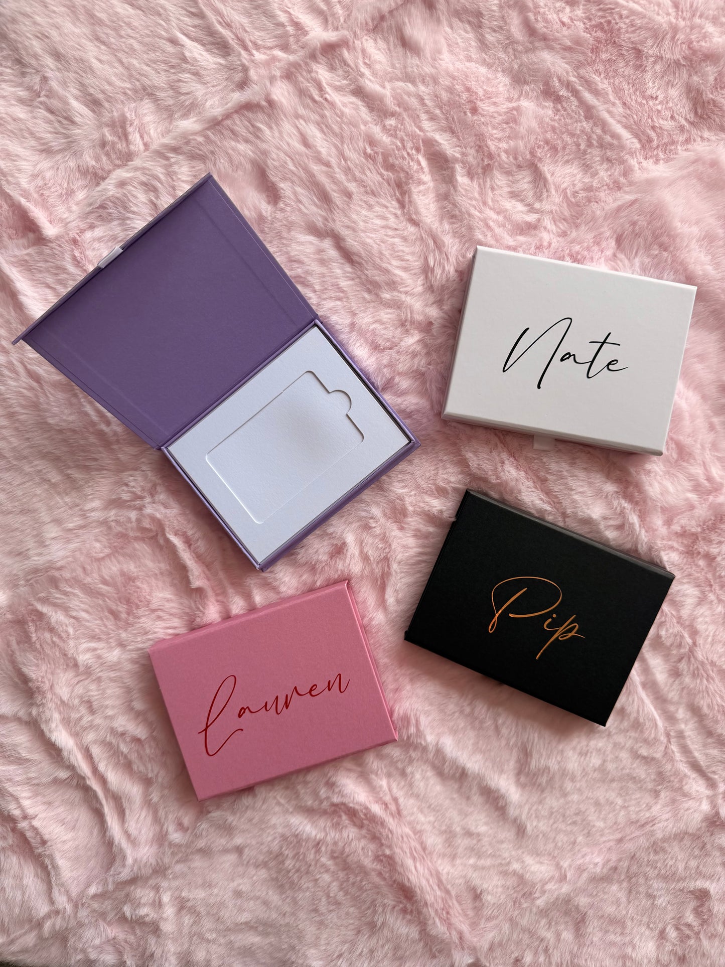 Personalised Gift Card/Voucher Magnetic Box: Pink, Lilac, Black, White
