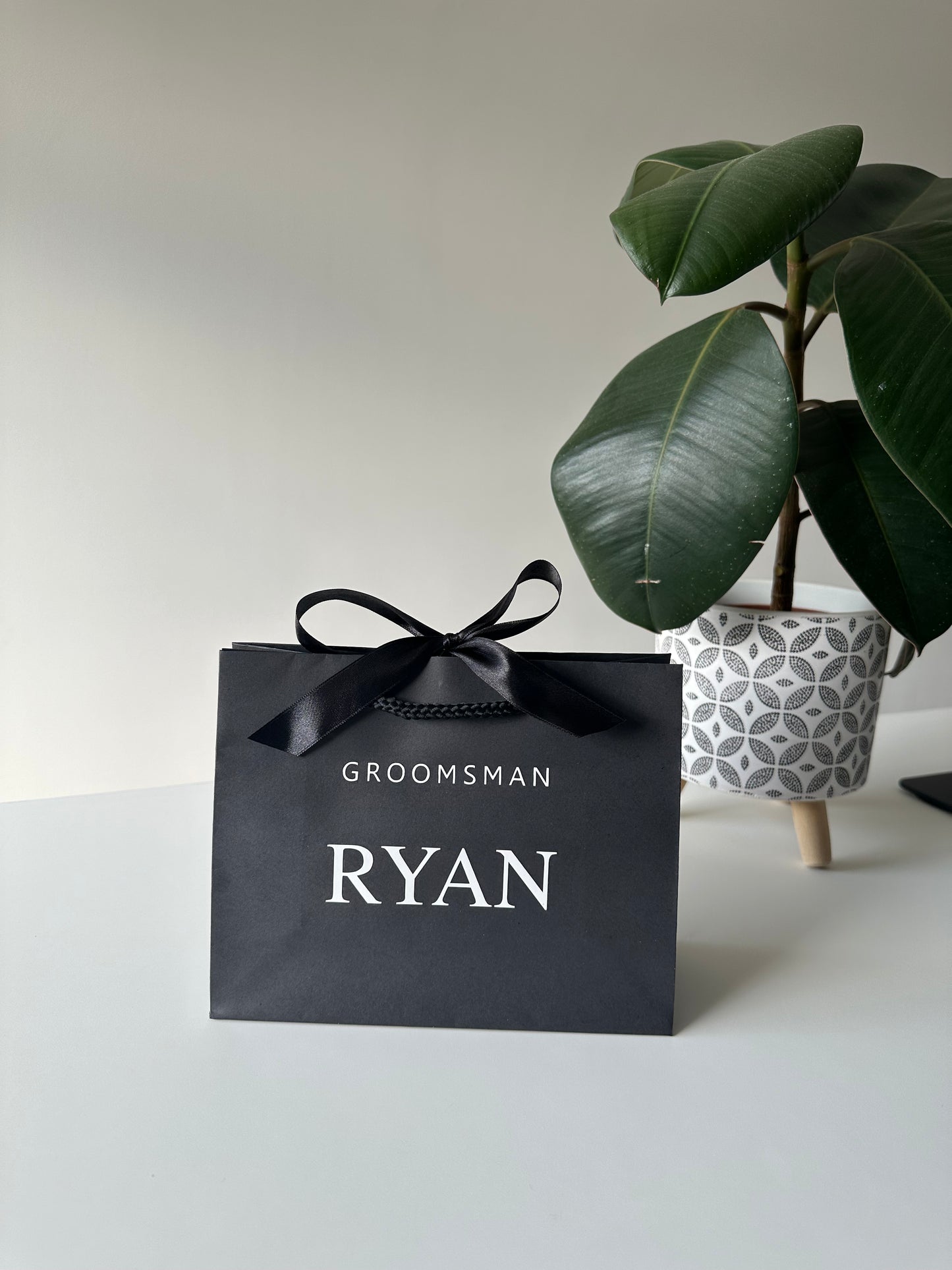 BLACK - Personalised - Name & Title CAPITALS - Ribbon Tie Natural Rope Gift Bag