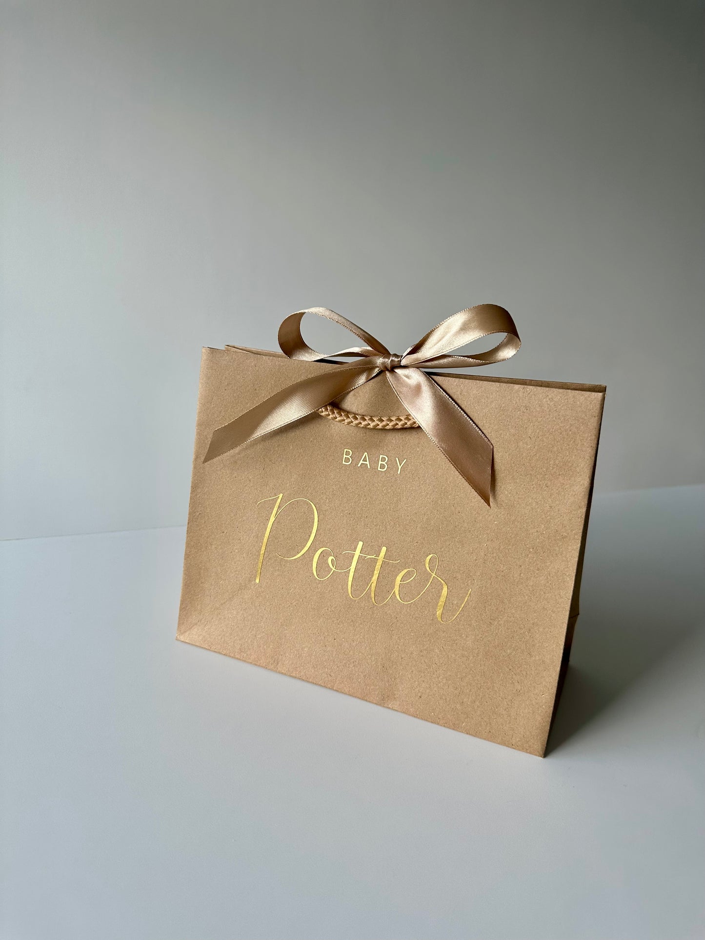 KRAFT - Personalised - BABY Surname - Ribbon Tie Natural Rope Gift Bag