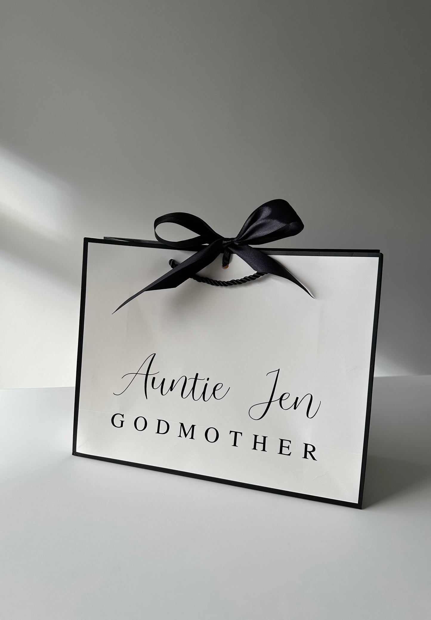 Personalised Ribbon Tie Gift Bag: White with Black Trim