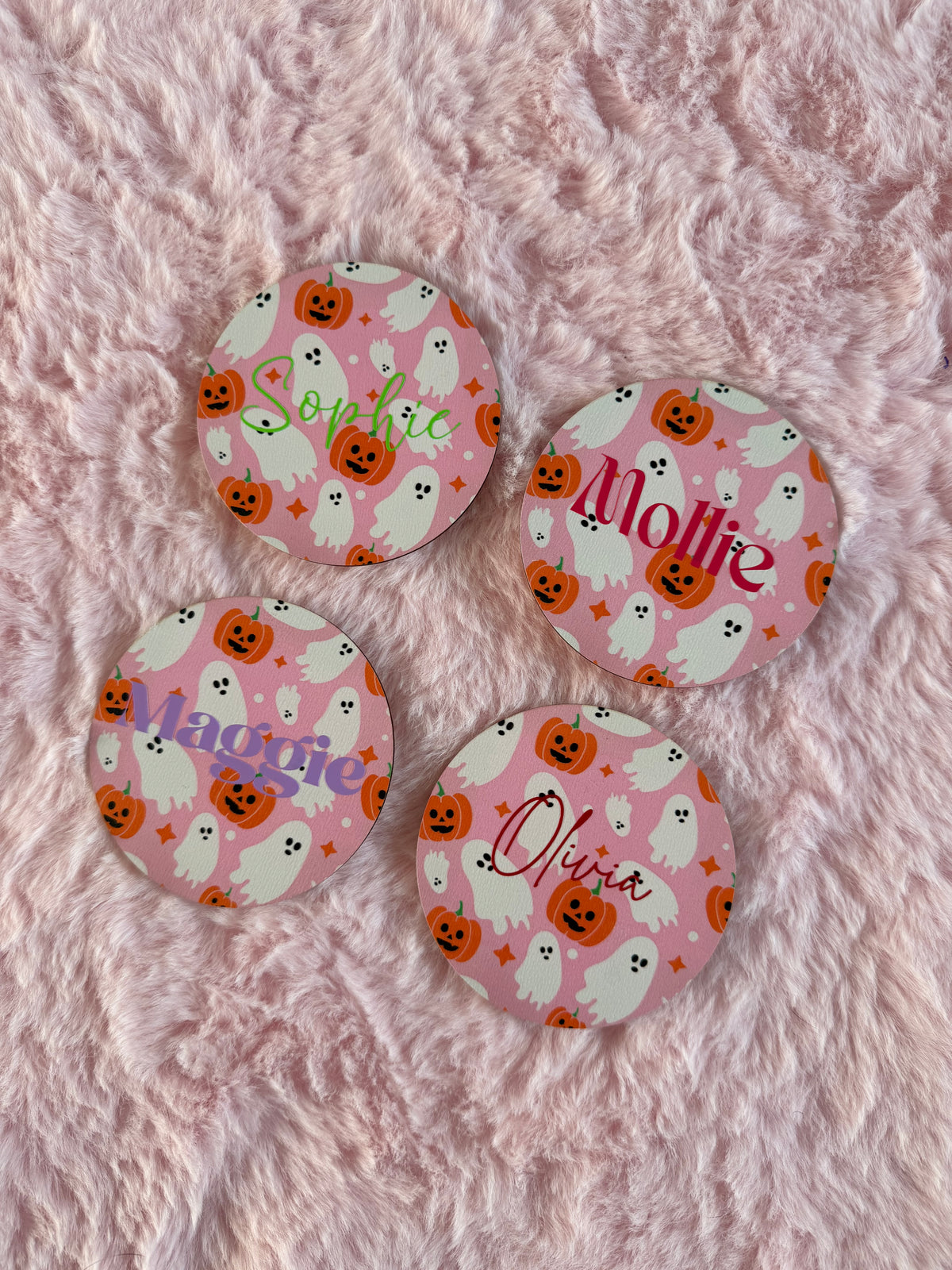 Pink Halloween Coaster – 10cm | Ghost & Pumpkin Halloween Decor | Personalised Place Name
