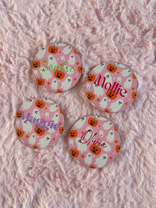 Pink Halloween Coaster – 10cm | Ghost & Pumpkin Halloween Decor | Personalised Place Name