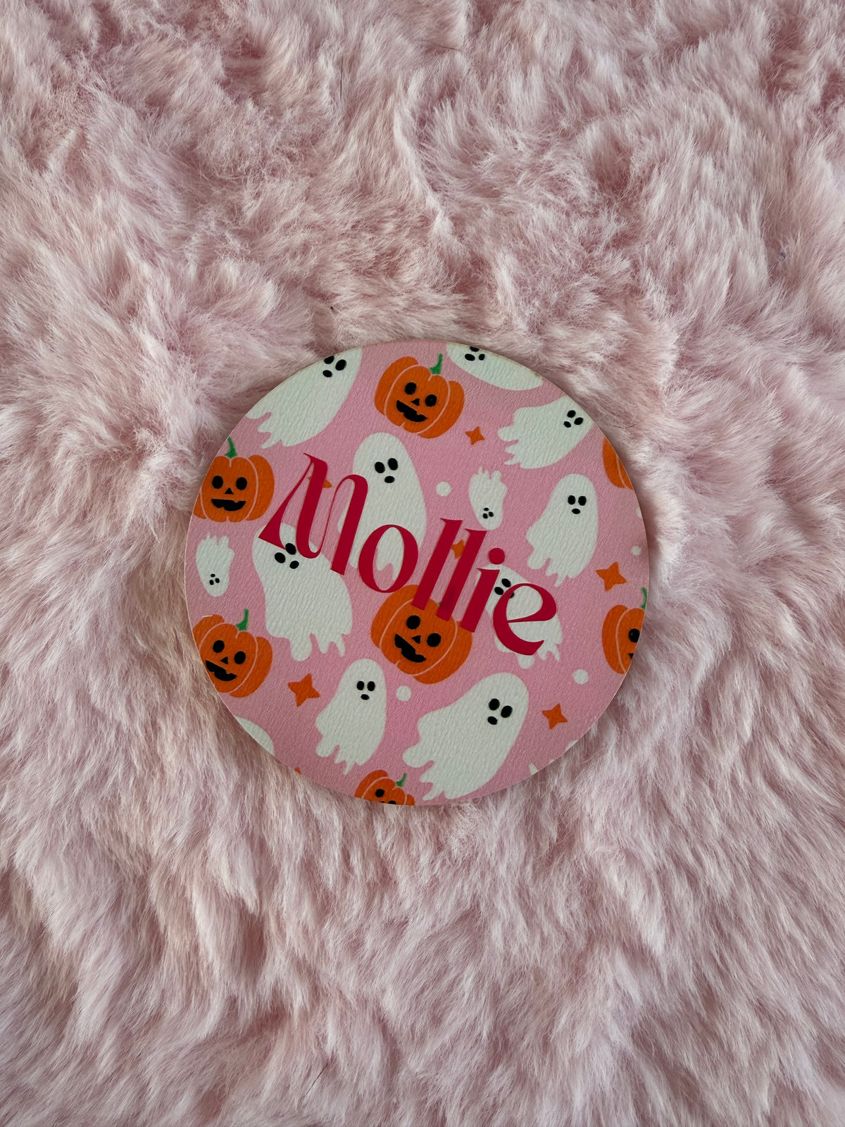 Pink Halloween Coaster – 10cm | Ghost & Pumpkin Halloween Decor | Personalised Place Name