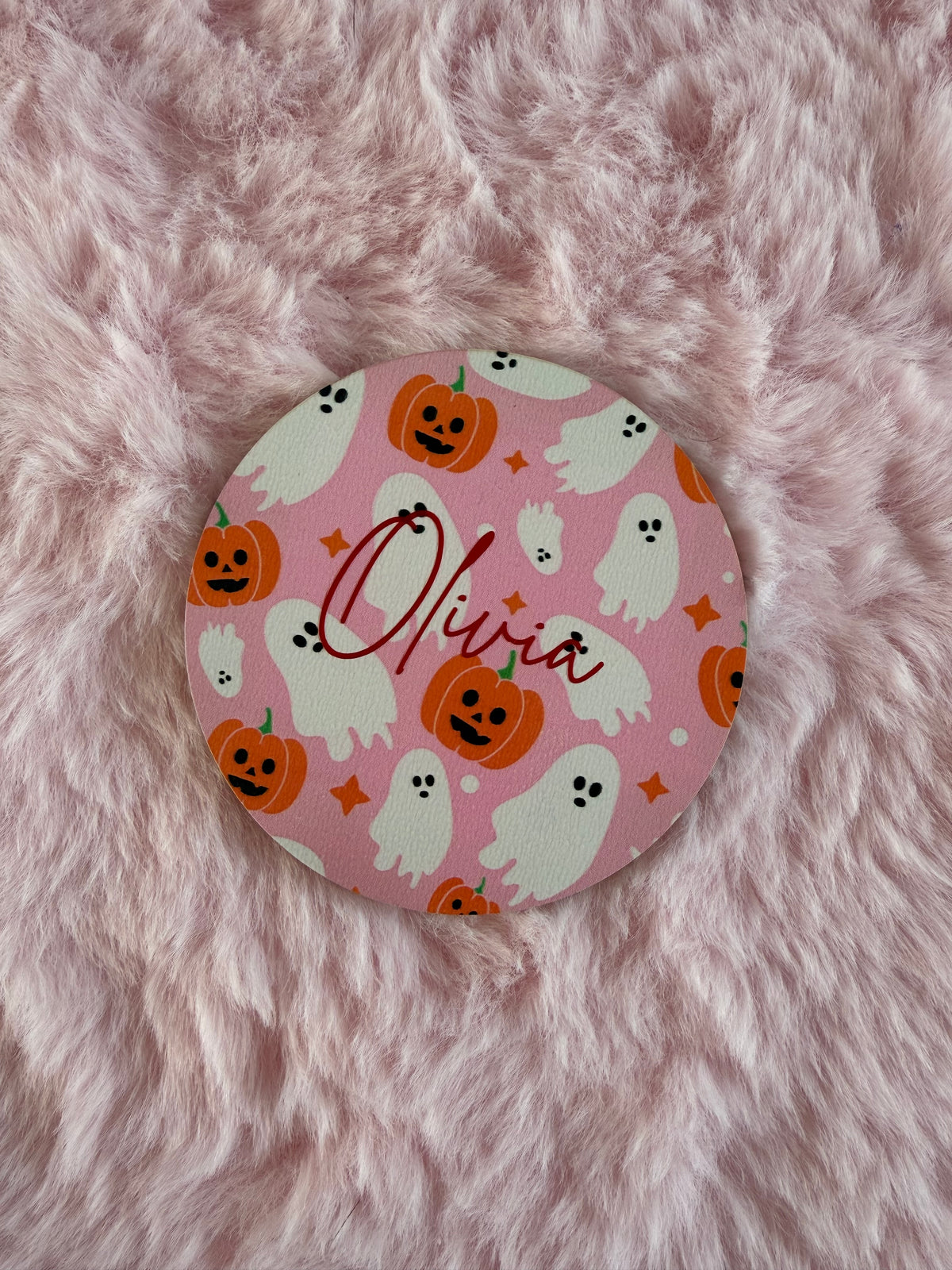 Pink Halloween Coaster – 10cm | Ghost & Pumpkin Halloween Decor | Personalised Place Name