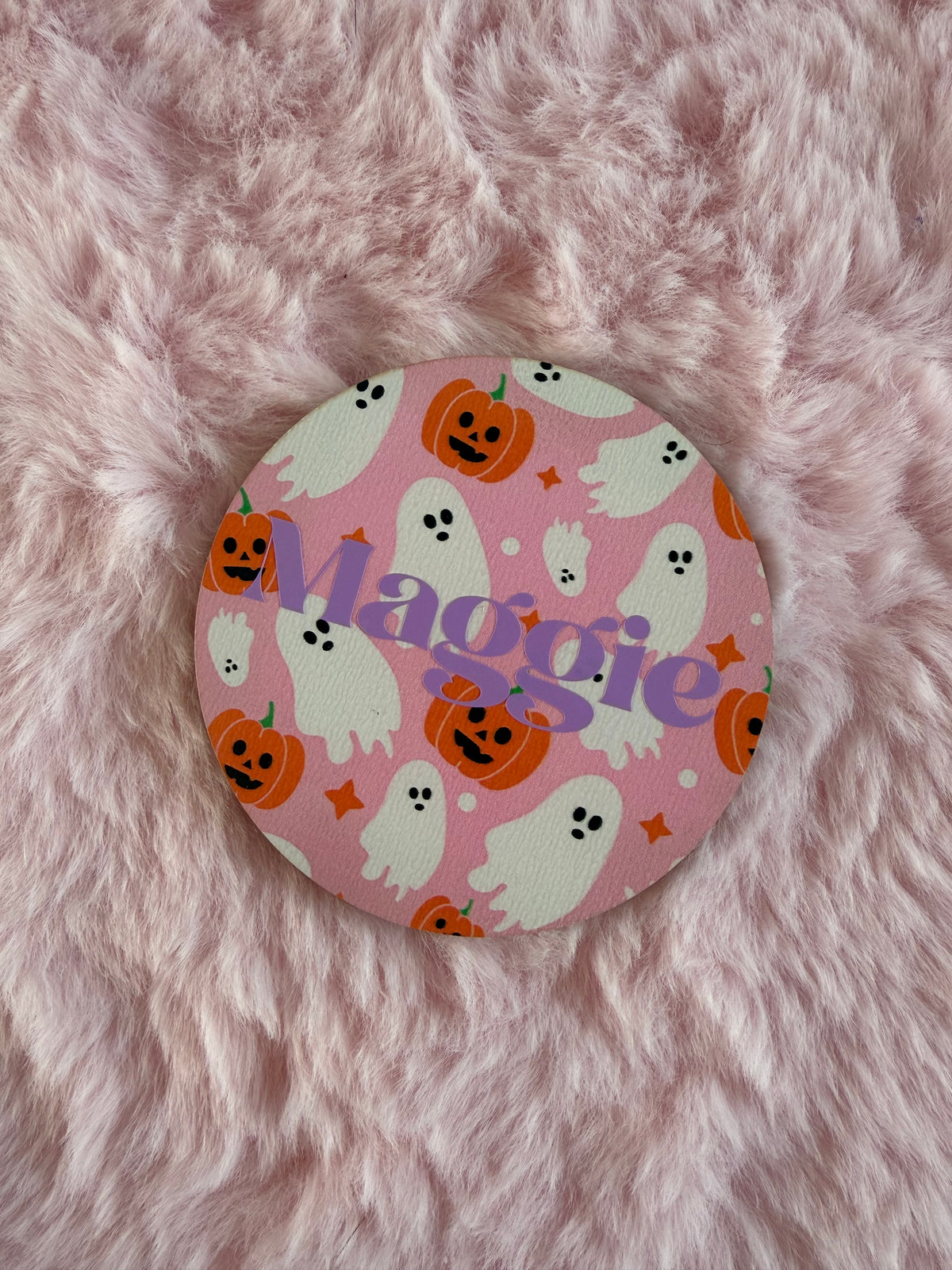 Pink Halloween Coaster – 10cm | Ghost & Pumpkin Halloween Decor | Personalised Place Name
