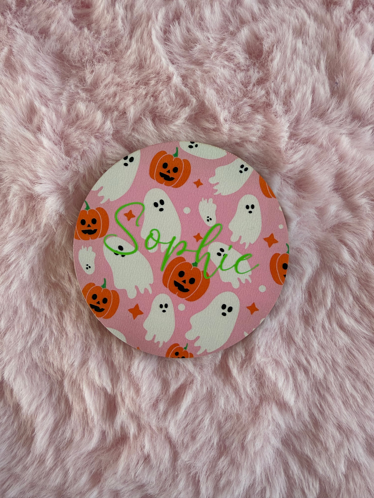 Pink Halloween Coaster – 10cm | Ghost & Pumpkin Halloween Decor | Personalised Place Name