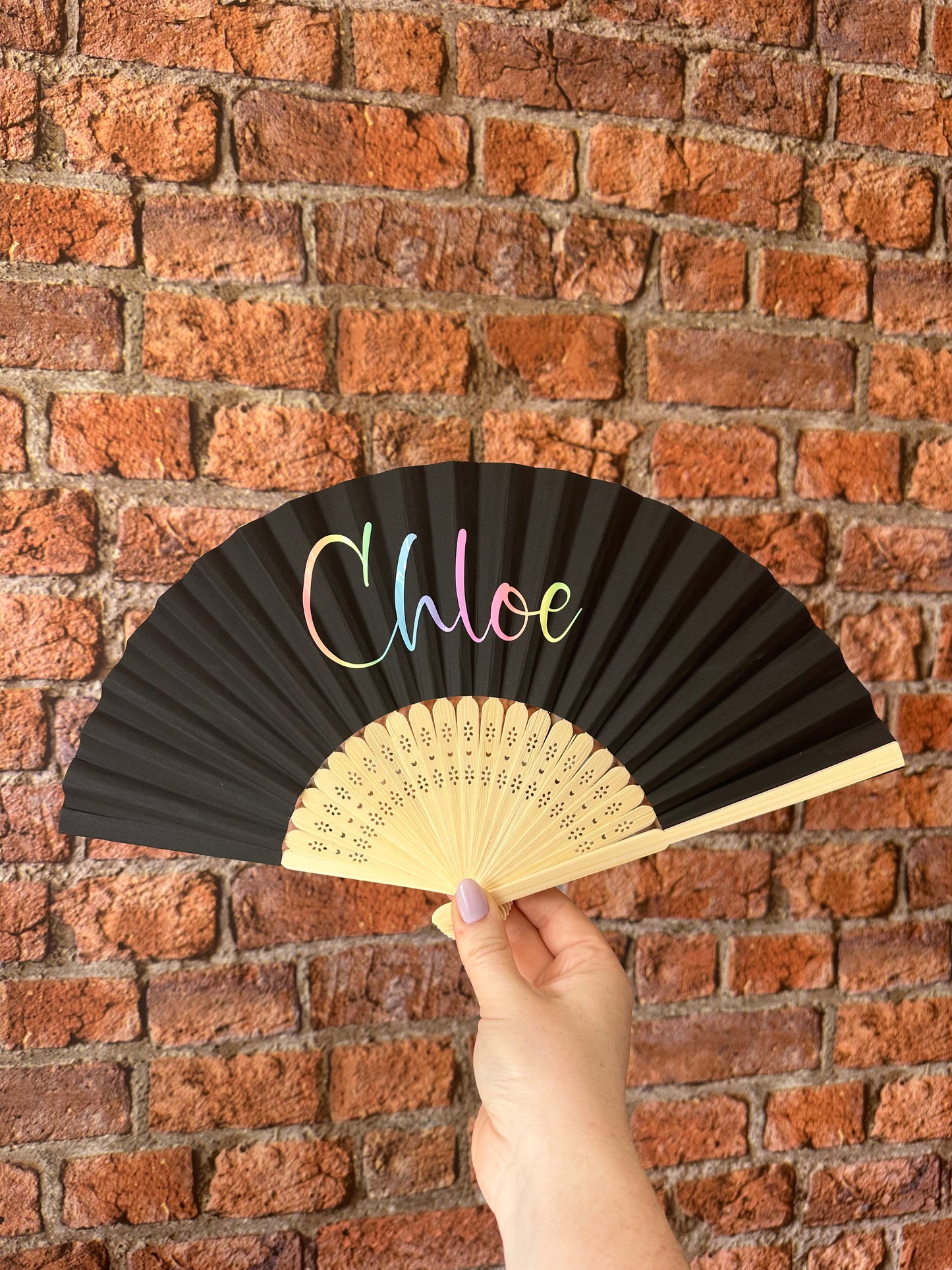 NAME Hand Fan - Bamboo - Paper Foldable Fan - Black, White, Pink, Orange, Lilac, Red, Green, Yellow, Sky Blue, Light Blue - Personalised