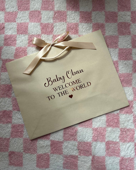 Personalised Name Ribbon Tie Gift Bag - Baby Shower, Newborn