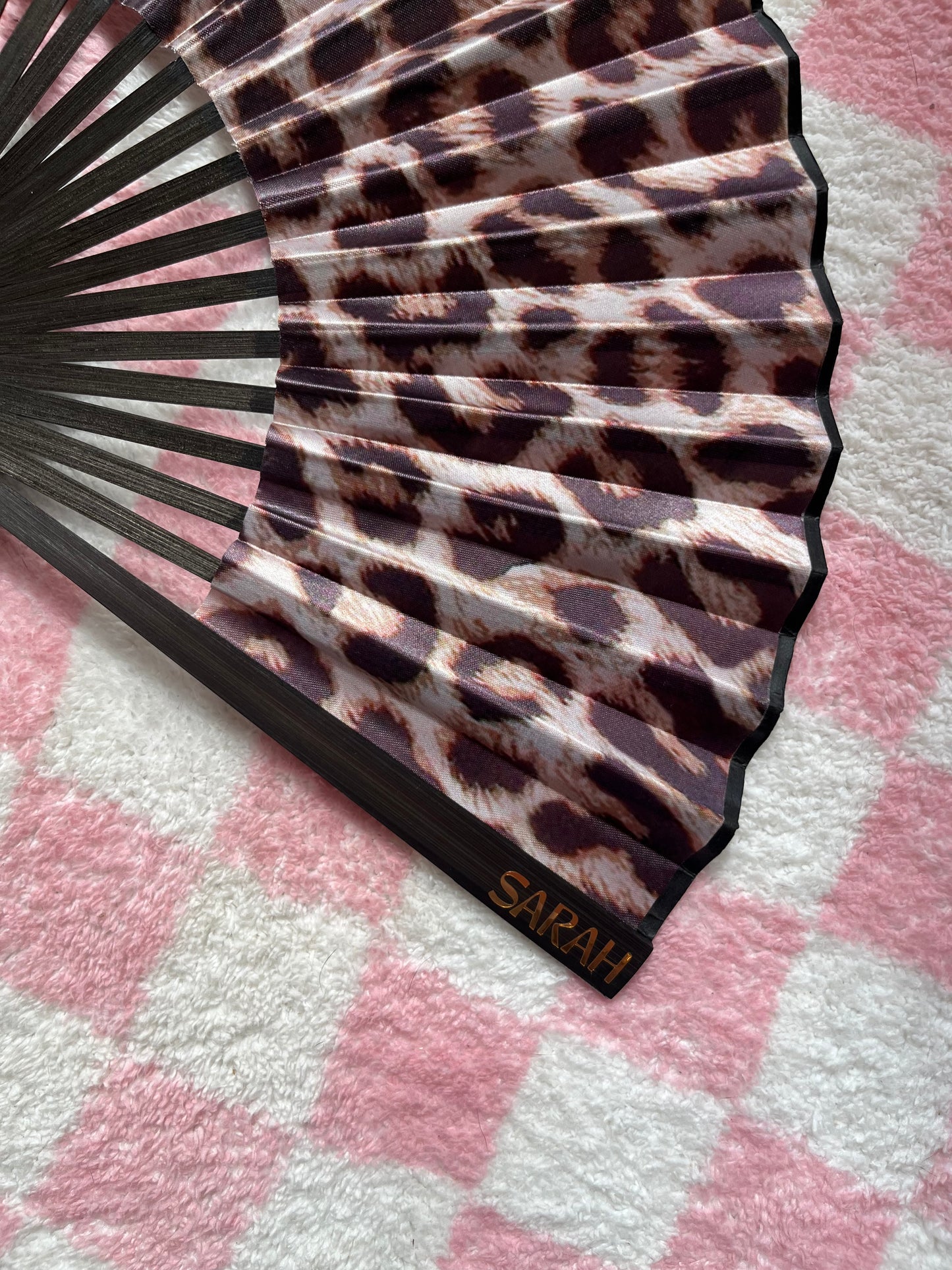 NAME Hand Fan - Fabric Foldable - Leopard Animal Print - Personalised with Vinyl