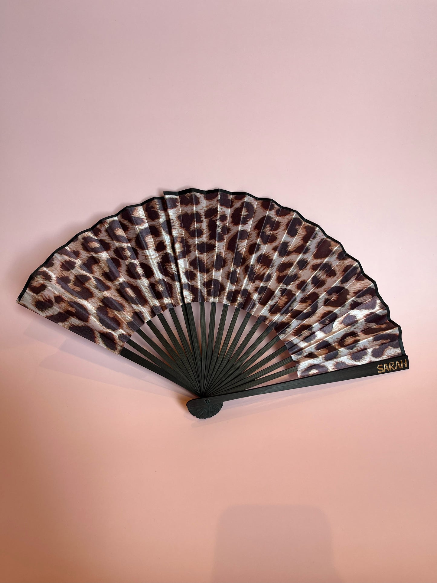 NAME Hand Fan - Fabric Foldable - Leopard Animal Print - Personalised with Vinyl