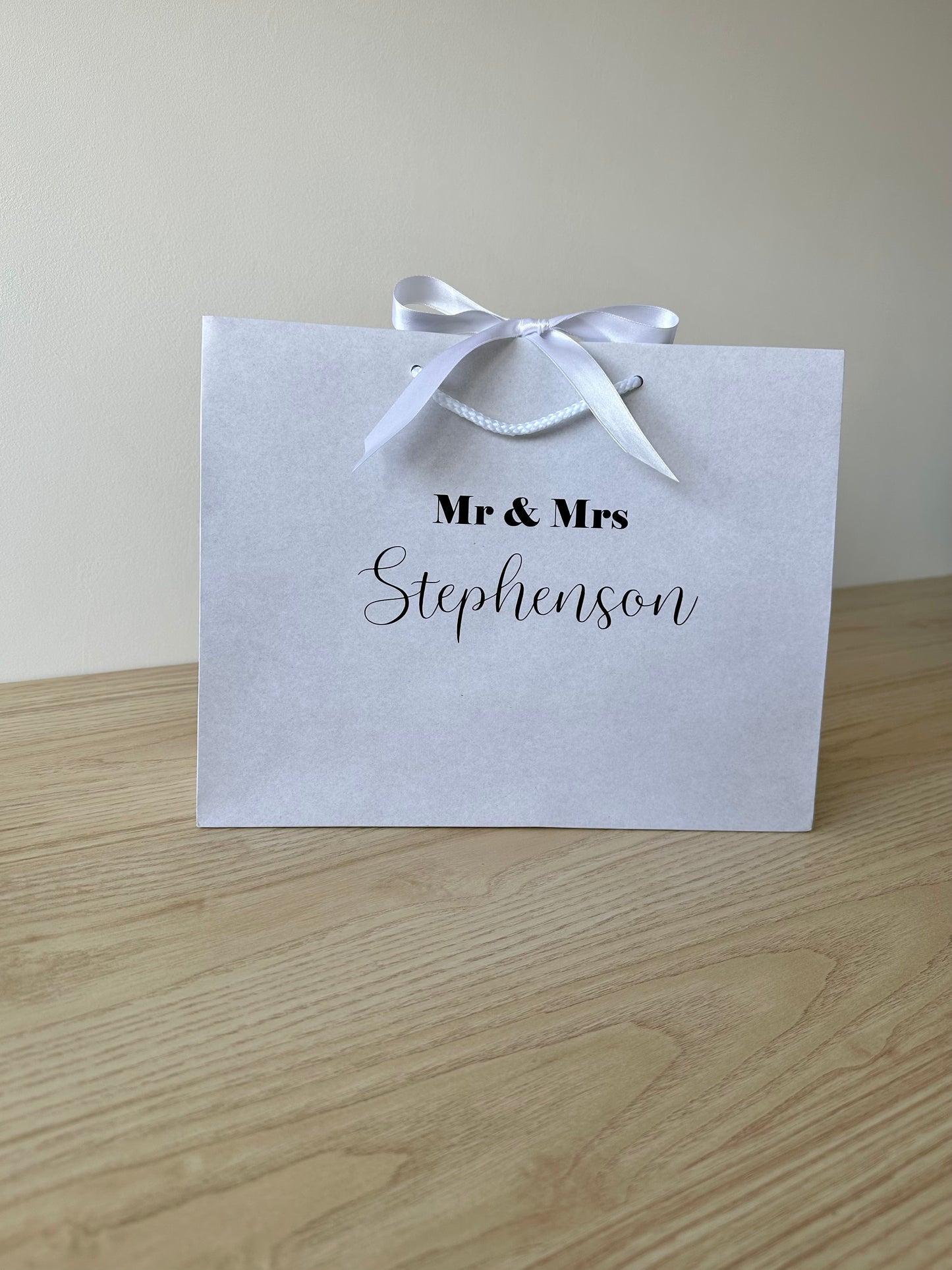 WHITE - Personalised - TITLES & Surname - Ribbon Tie Natural Rope Gift Bag