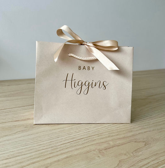 CREAM - Personalised - BABY Surname - Ribbon Tie Natural Rope Gift Bag