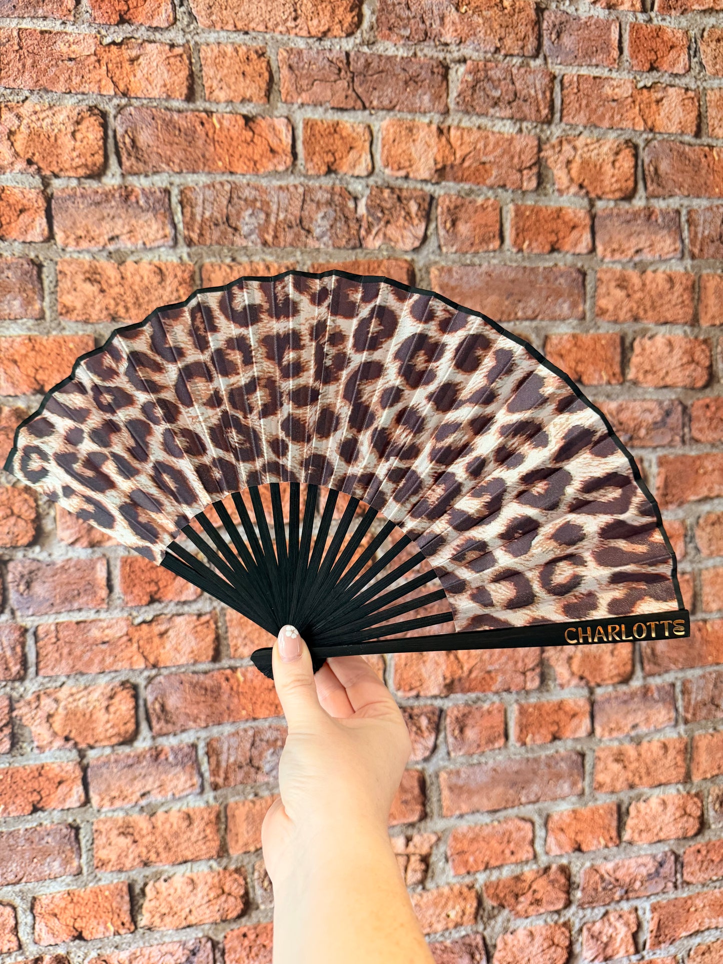 NAME Hand Fan - Fabric Foldable - Leopard Animal Print - Personalised with Vinyl
